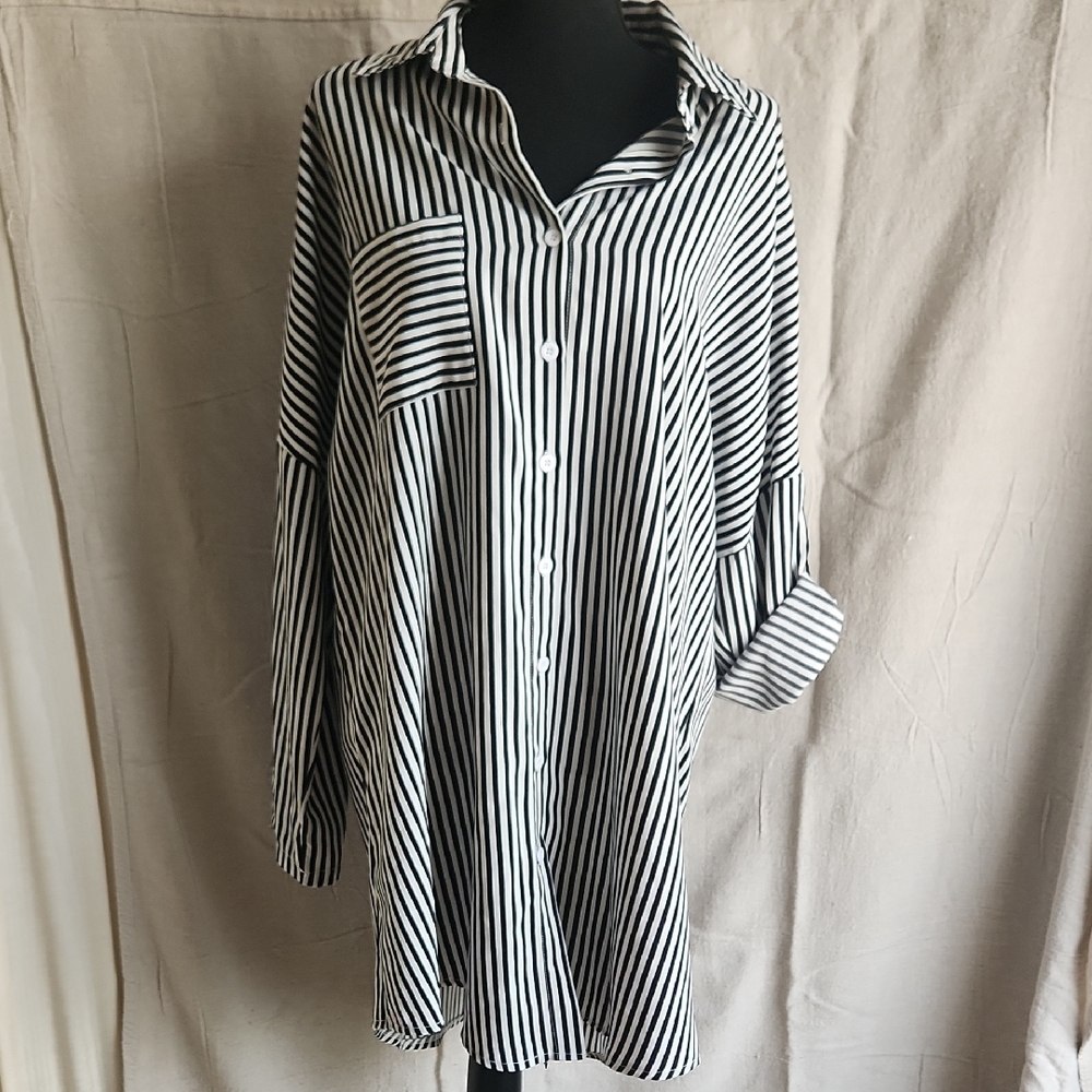 Black and White Striped Button-Up Shirt Dress